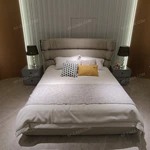 Warm Taupe Upholstered Bed with Tiered Headboard, Lacing Detail & Stainless Steel Accents